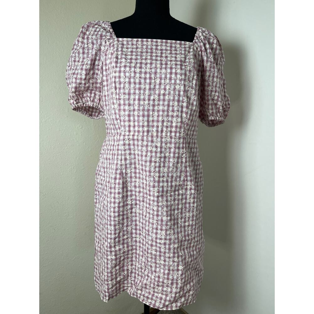 LOFT Women's LAvender Gingham Sheath Plaid Floral Cottage Wester Boho Dress 6
